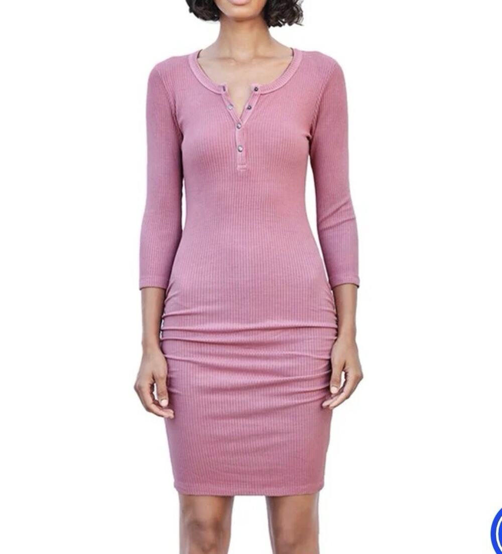 Sundry | Dresses | Sundry Henley Ruched Dress Pink 34 Sleeves Ribbed Bodycon Size 2med Stretchy